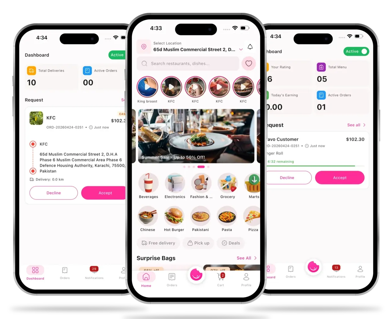 UberEats clone customer app showing nearby restaurants, dish cards, and live order tracking on a smartphone
