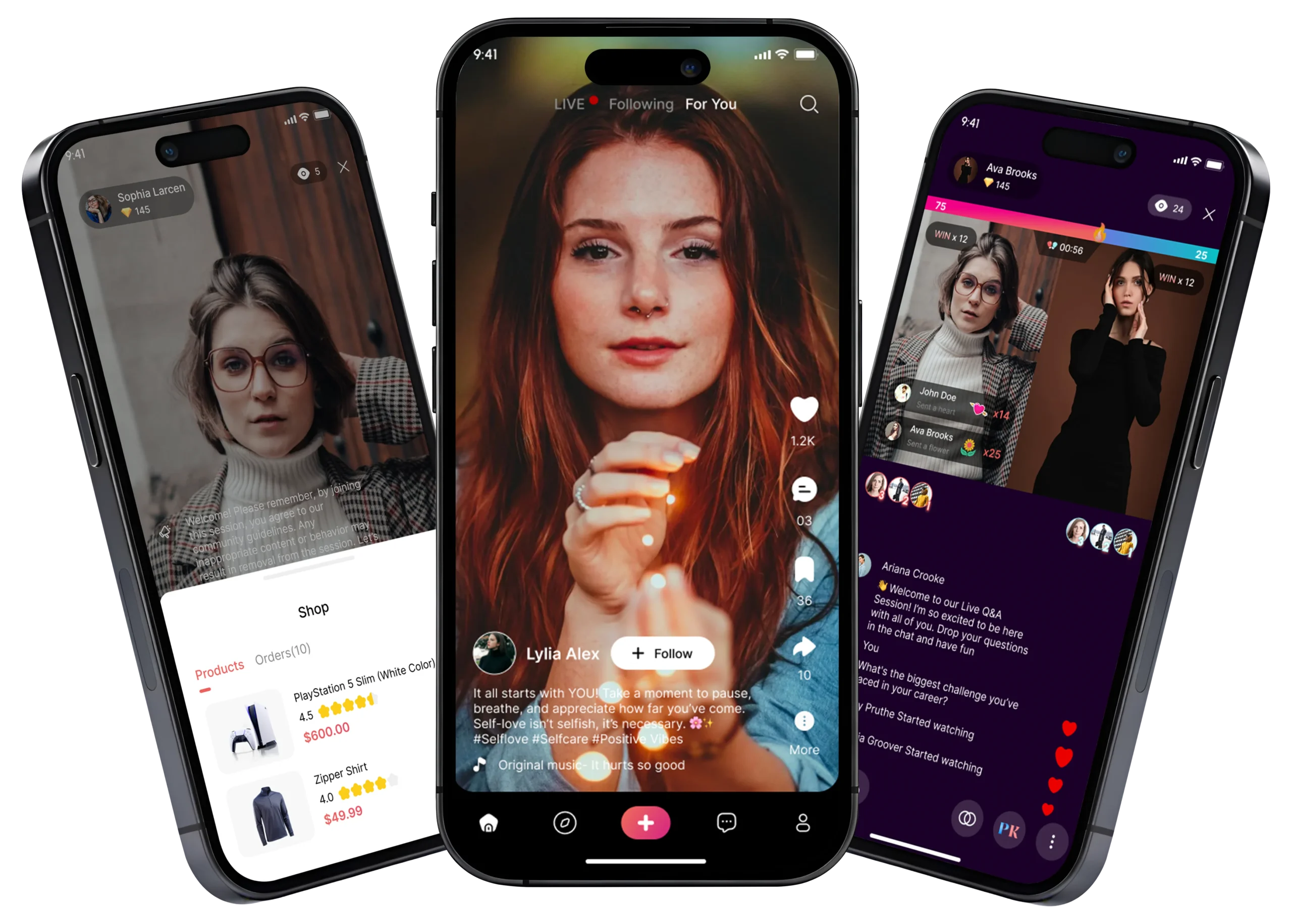 TikTok clone app feed shown on a smartphone with vertical video, like and comment buttons, and creator profile