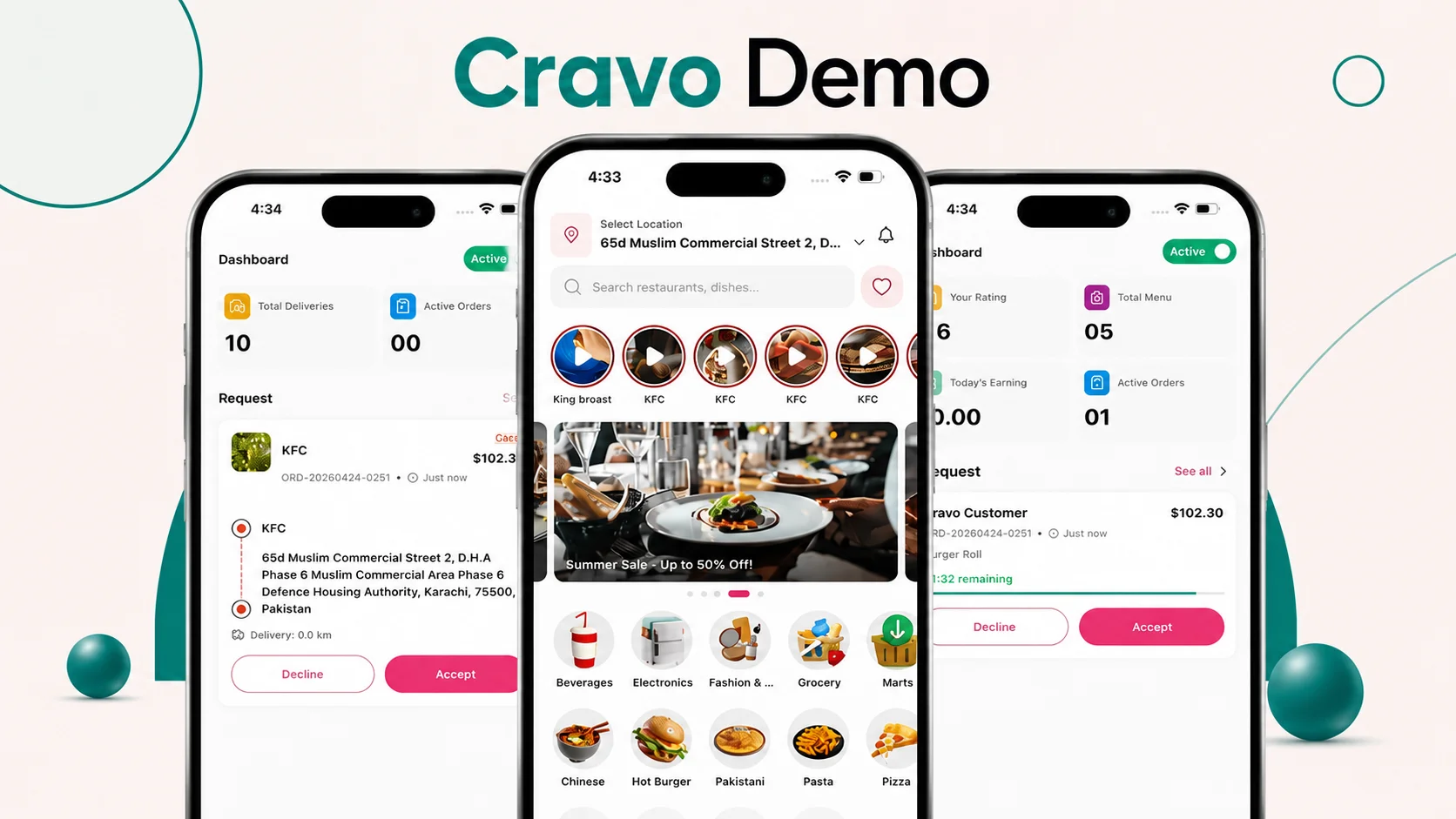 Delivery app walkthrough video — the customer app, merchant panel, and delivery partner app running live on web, iOS, and Android
