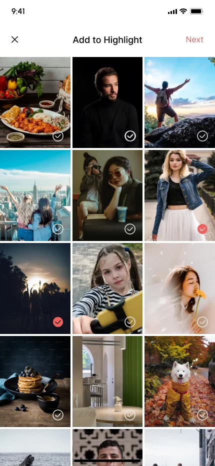 Add to highlight screen with a selectable grid of saved stories