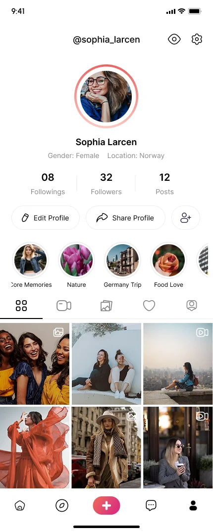Profile screen showing saved story highlights above the video grid