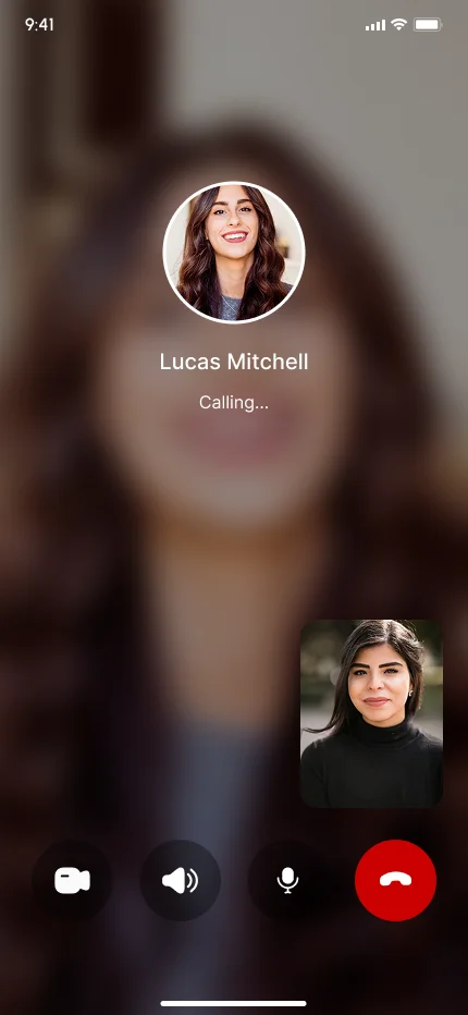In-app video call screen with camera, speaker, mute and hang-up controls