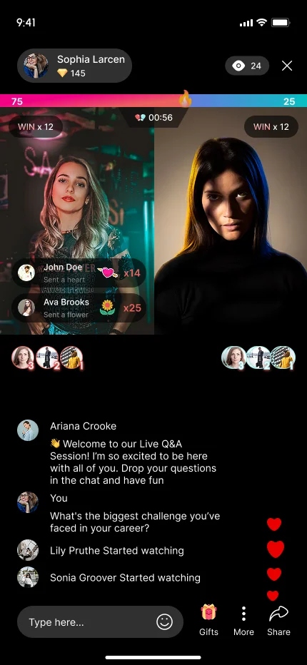 Co-host live PK battle with split screen, score bar and live chat