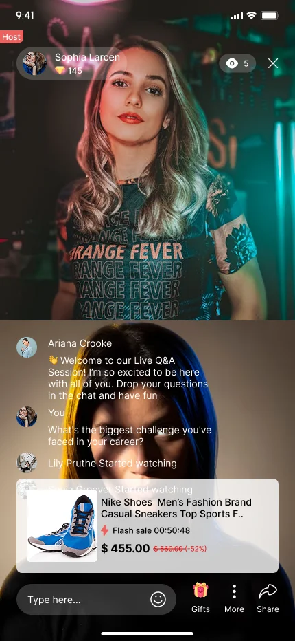 Live stream with in-stream chat, gifts and a shoppable product card