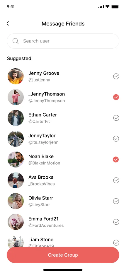 Create group chat screen with searchable member selection