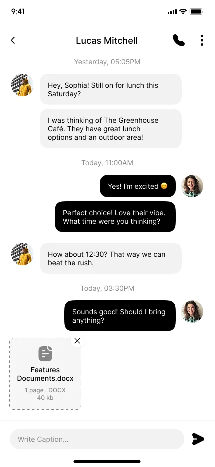 Direct message thread with a document attachment ready to send