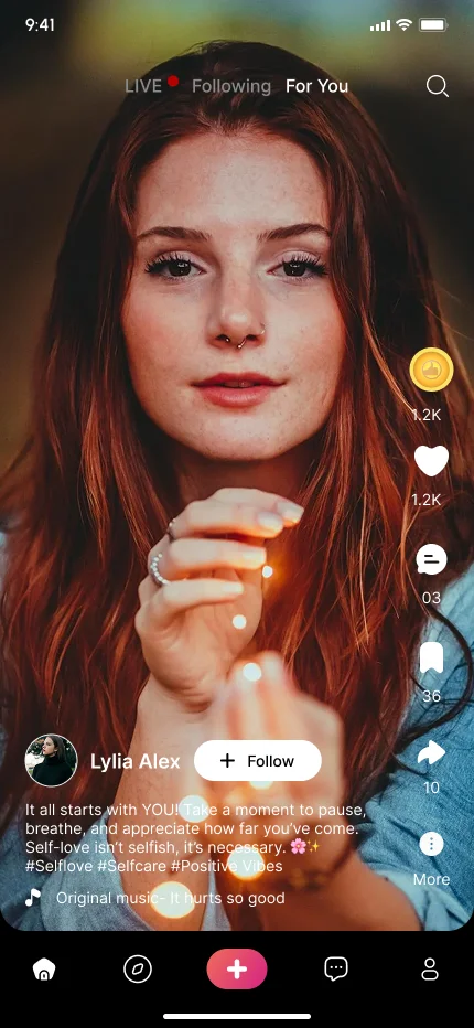 For You short-video feed with like, comment, save and share actions