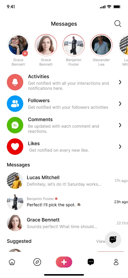 Messages inbox with activity, followers, comments and likes streams