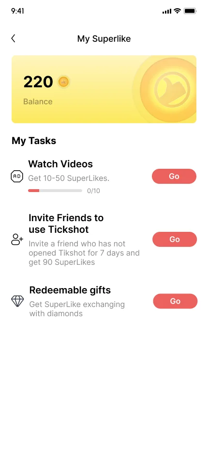 SuperLike rewards screen showing coin balance and earning tasks