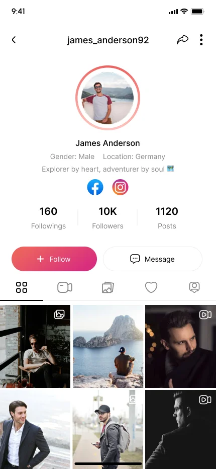 TikTok clone creator profile screen with follower stats, highlights and a video grid