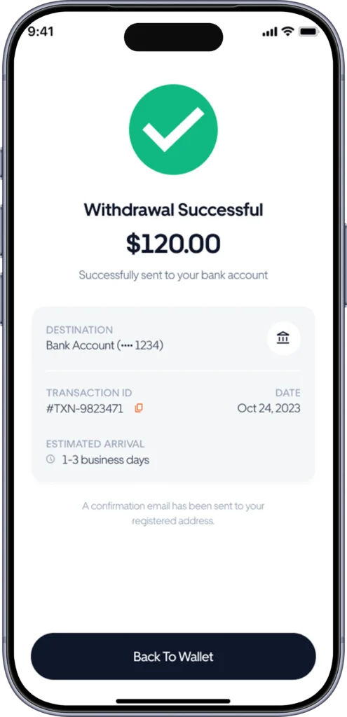 Withdrawal successful screen with destination account, transaction ID and estimated arrival