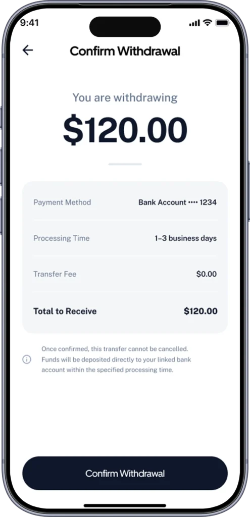 Confirm withdrawal screen with payment method, processing time, transfer fee and total to receive