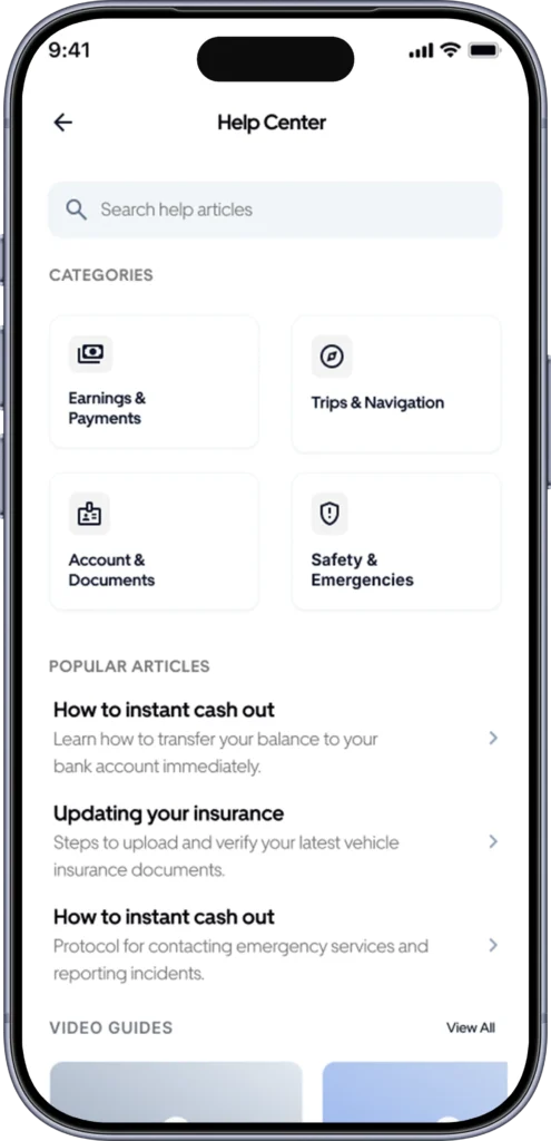 Help centre screen listing support topics and contact options