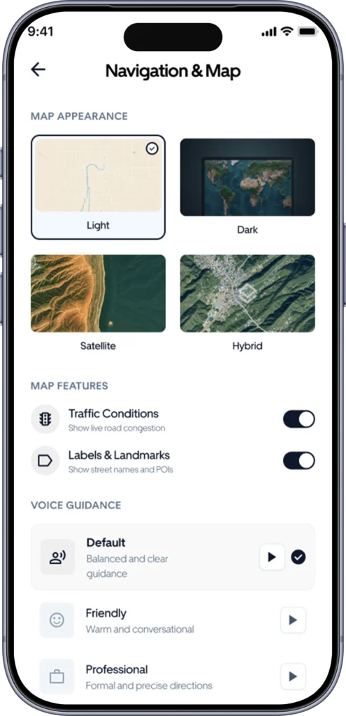 In-app navigation screen with the route, next turn and estimated arrival