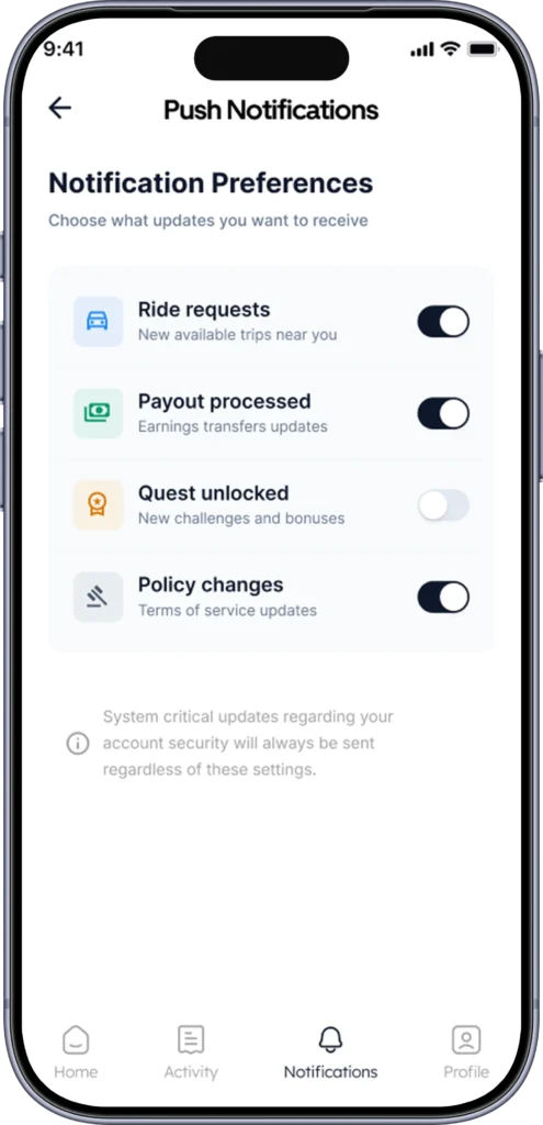 Notification preferences screen with per-category push toggles