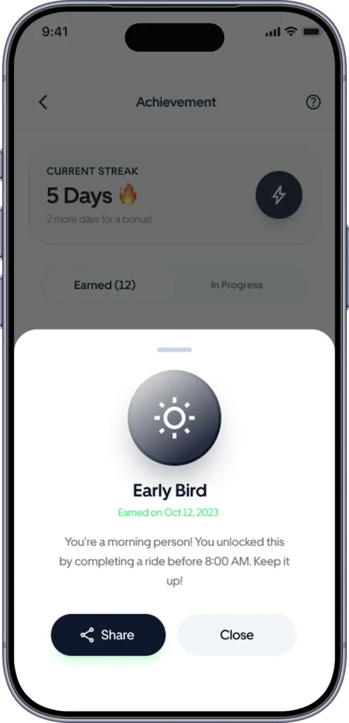 Achievements screen showing a ride streak and an unlocked Early Bird badge