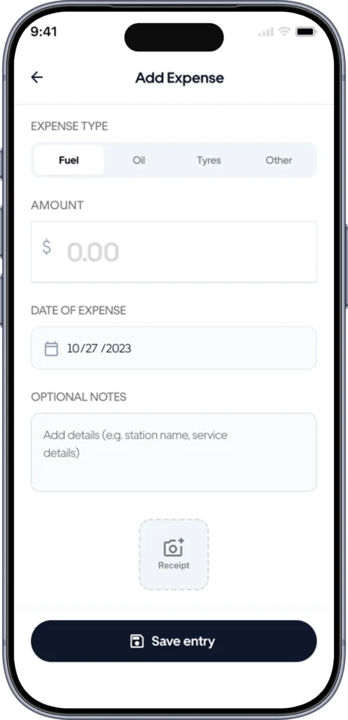 Add expense screen with fuel, oil, tyres and other categories, amount, date and receipt capture