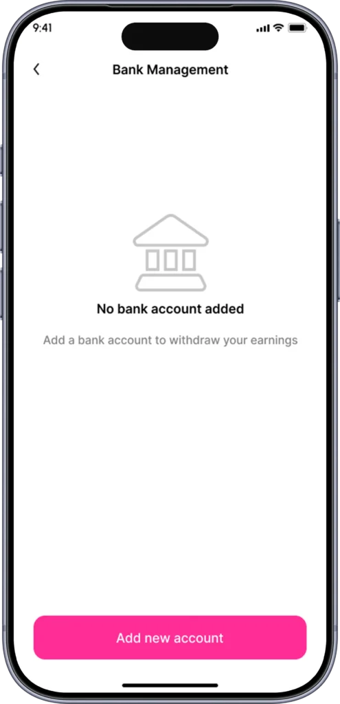 Rider bank account management screen listing saved payout accounts