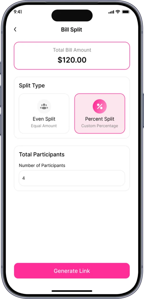Bill split screen offering even or percentage split and a participant count