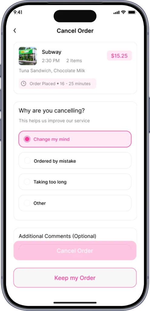 Cancel order screen with reason selection and refund note