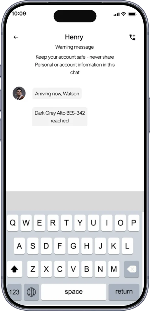 Masked in-ride chat between rider and driver with arrival and vehicle messages