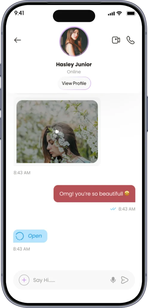 Active chat thread with photo messages, read receipts and a voice note button