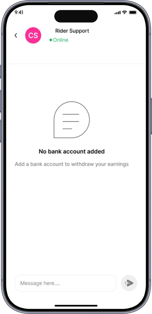 In-app rider support chat thread with the operations team