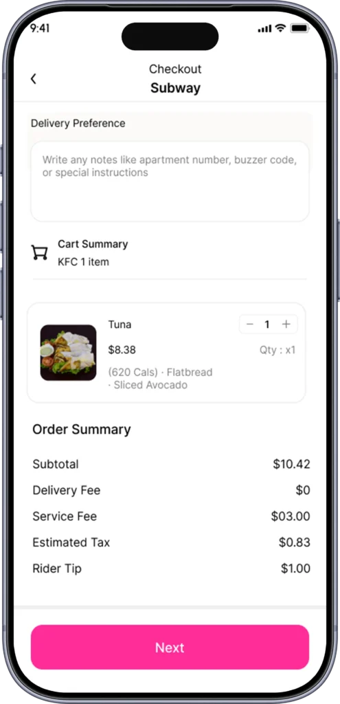 Checkout screen with delivery address, payment method and fee breakdown
