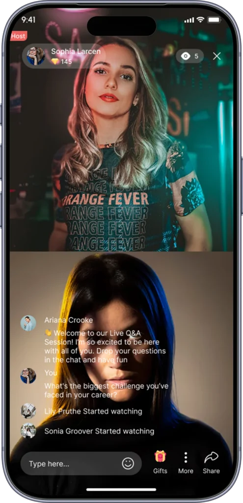 Co-host live stream with split screen, score bar and live chat