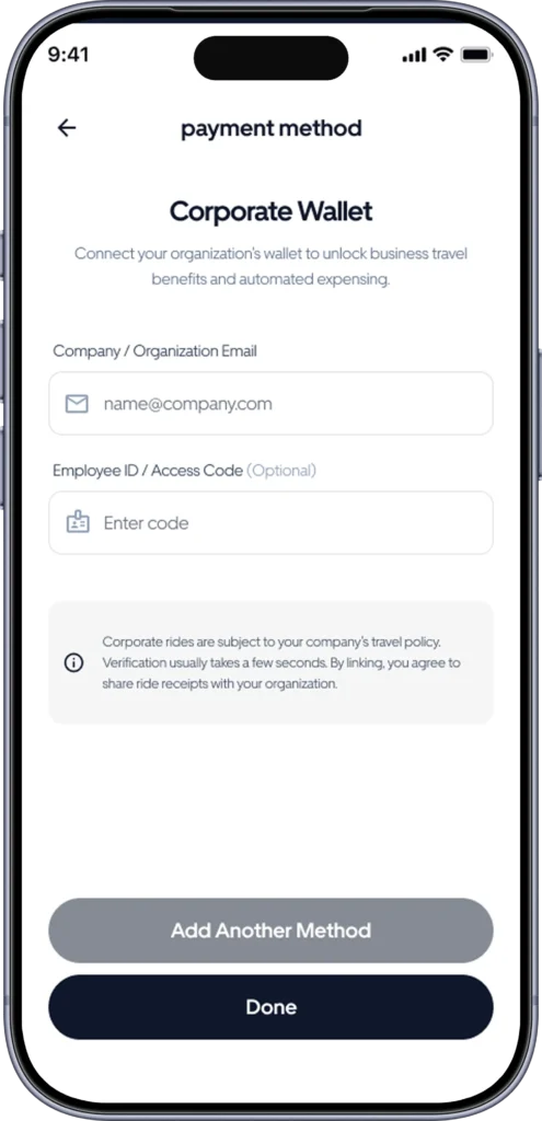 Corporate wallet screen linking an organisation email and employee code for business travel