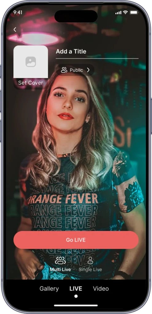 Go live setup screen with cover, title, privacy and multi-live options