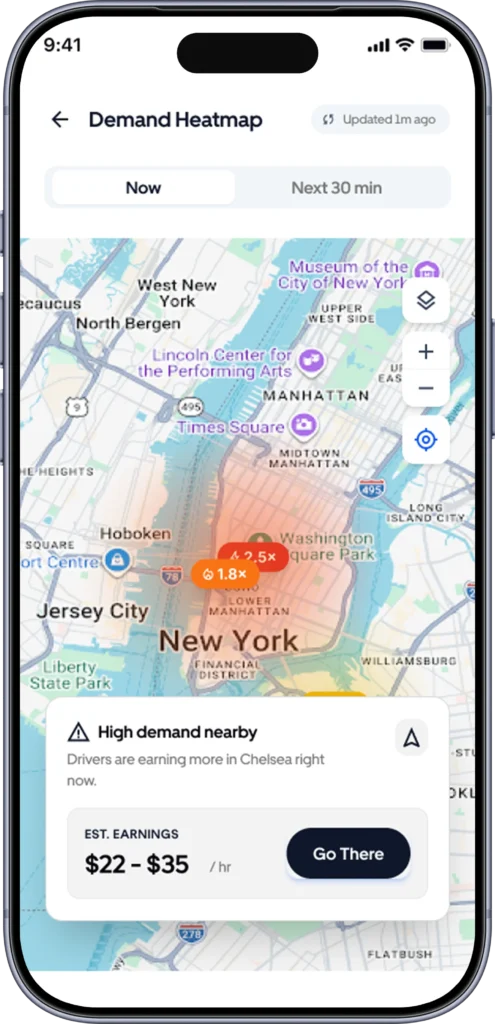 Live demand heatmap with surge multipliers over a city map and estimated hourly earnings