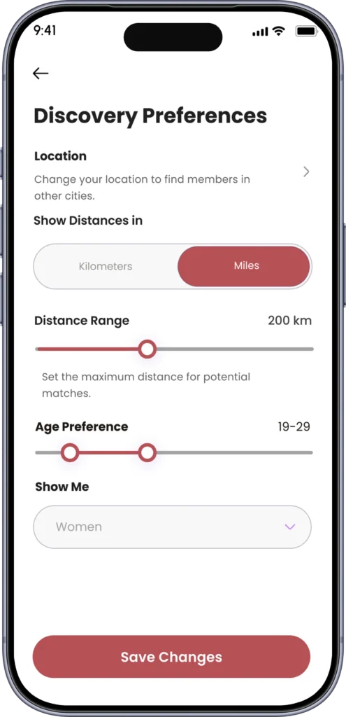 Discovery preferences with distance, age range and interest filters