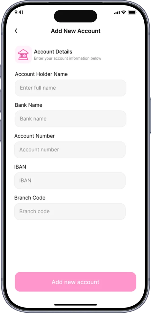 Add new bank account form with account holder, bank name, account number, IBAN and branch code