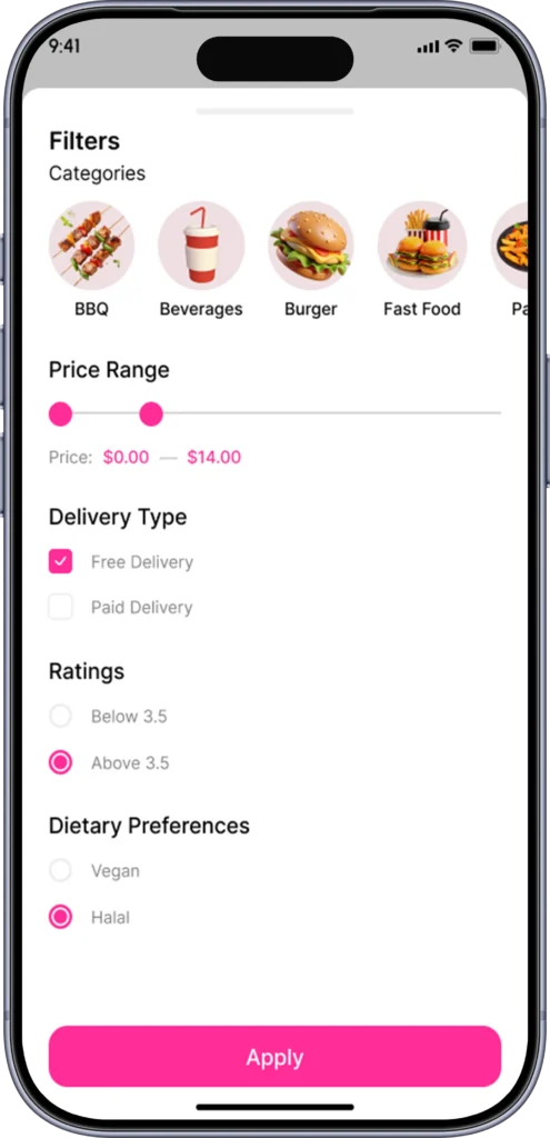 Restaurant filter sheet with cuisine, rating, price and delivery-time options