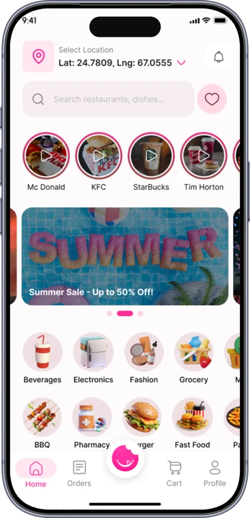 UberEats clone customer home screen with location picker, restaurant search, category tiles and promo banner