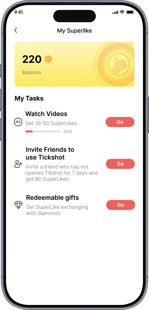 SuperLike rewards screen showing coin balance and earning tasks