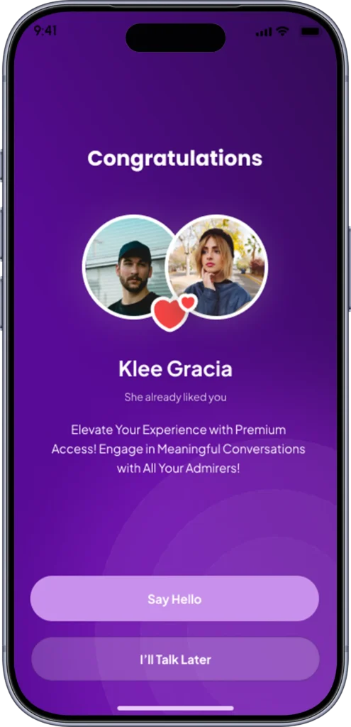 Match celebration screen prompting the pair to start chatting