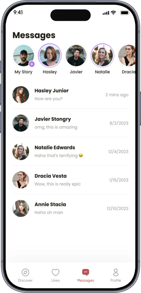 Messages inbox with a stories row and recent conversations