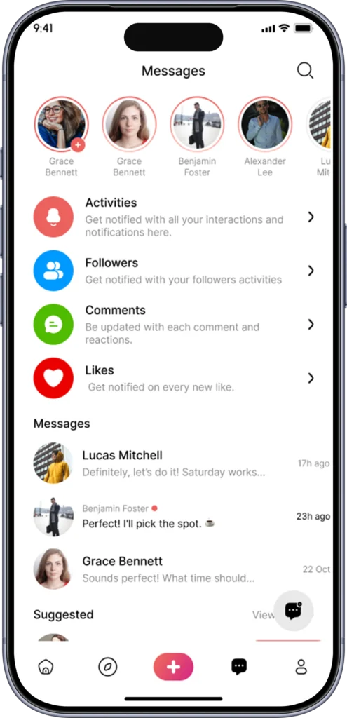 Messages inbox with activity, followers, comments and likes streams