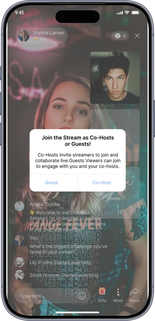 Multi-guest live room with several hosts sharing one broadcast