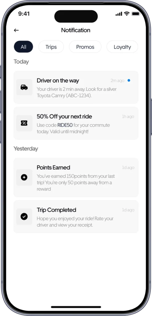 Notification centre filtered by trips, promos and loyalty with driver and reward alerts