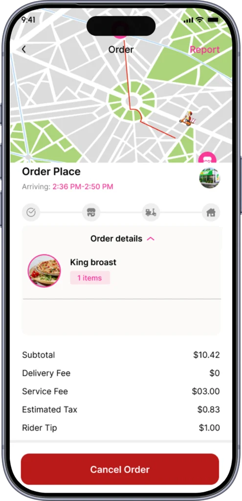 Live order tracking screen showing preparation and delivery progress
