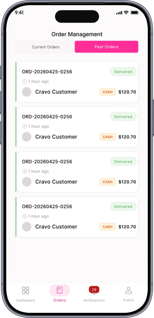 Rider past deliveries list with order references, dates and earnings