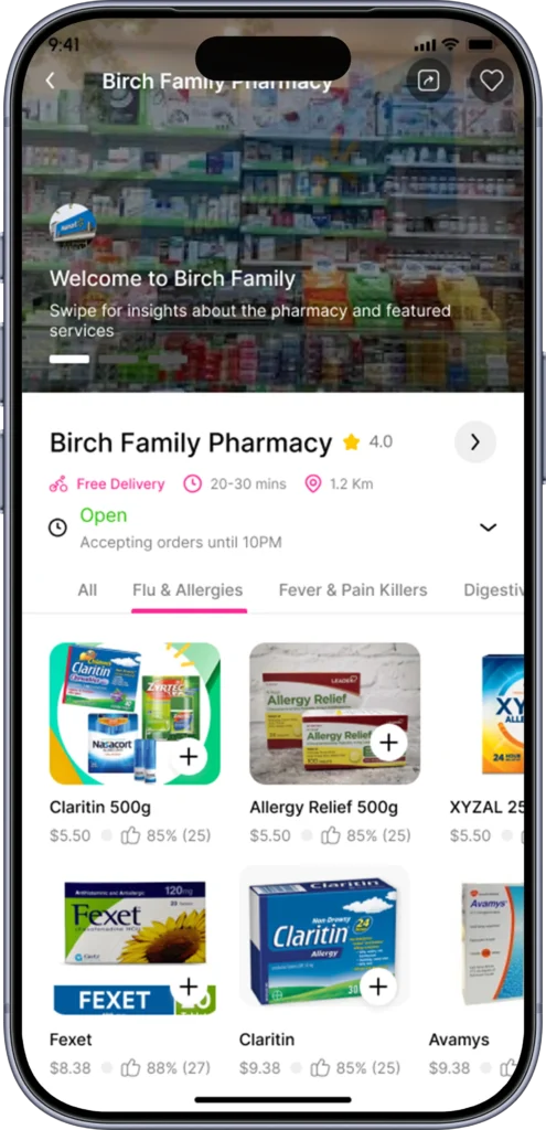 Pharmacy vertical storefront listing products for non-food delivery