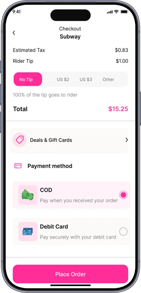 Order review screen with cart items, quantities and order summary before payment