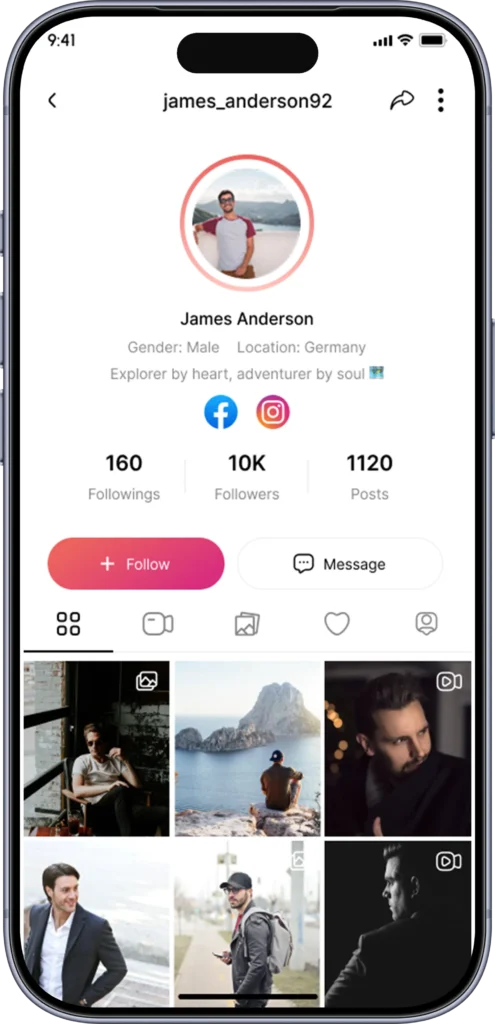 Creator profile screen with follower stats, highlights and a video grid