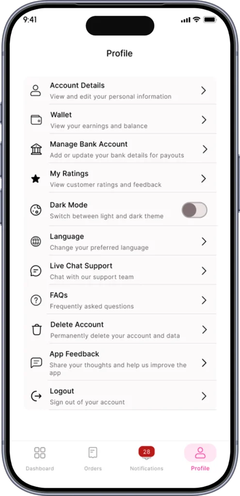 Rider profile screen with personal details, vehicle information and settings