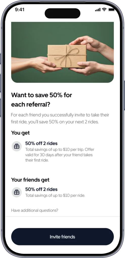Referral screen showing the reward for each invited friend and a copyable referral code