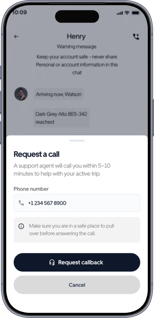 Support screen for requesting a callback from the operations team